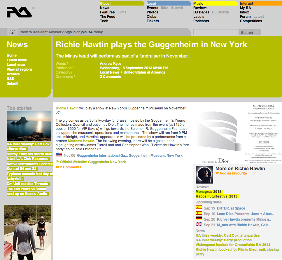 RA News  Richie Hawtin plays the Guggenheim in New York